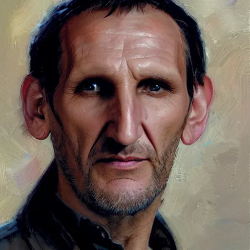 Image similar to a highly detailed beautiful portrait of christopher eccleston doctor who by gregory manchess, james gurney, james jean