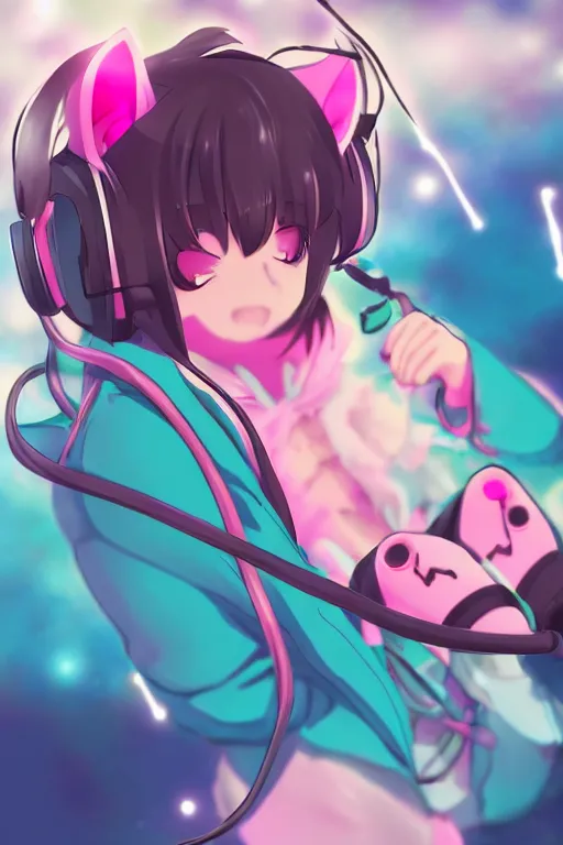 Image similar to an anime catgirl listening to music on headphones, candy pastel, backlighting, trending on pixiv