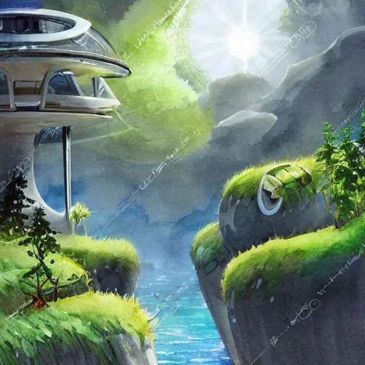 Image similar to beautiful happy picturesque charming sci - fi organic pod - like homes of the future in a beautiful natural scene. water, trees and rocks. beautiful light. soft colour scheme. beautiful artistic detailed watercolor by lurid. ( 2 0 2 2 )