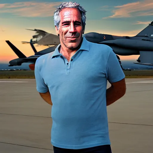 Prompt: happy jeffrey epstein, wearing a dark blue polo shirt, standing near fighter jet on an empty runway at dusk, high detail, volumetric lights, professional high quality studio photo from vogue magazine