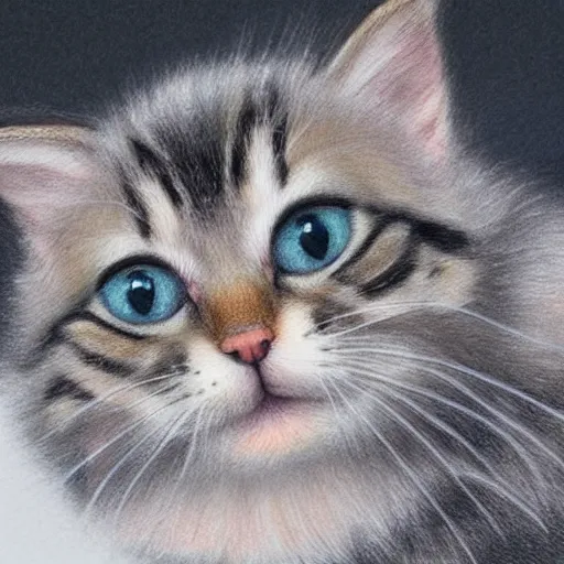 Image similar to photo of an intricately detailed representation of a accurate kitten. Colored graphite blended with colored oils miniature on vellum.