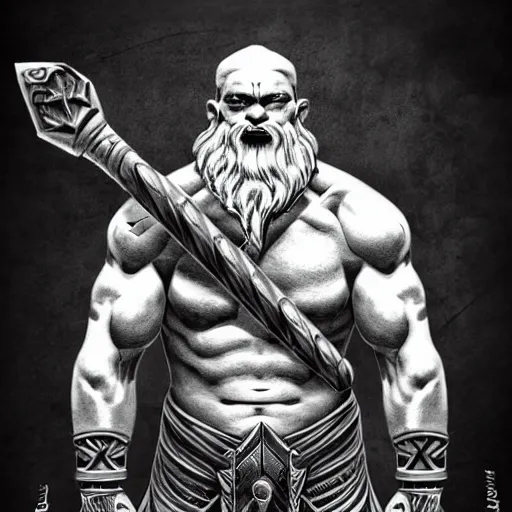 Image similar to frost giant, with a two handed axe, tribal tattoos, very muscular, large fists, fantasy, d & d, intricate, detailed 4 k, trending on artstation, smooth, sharp focus