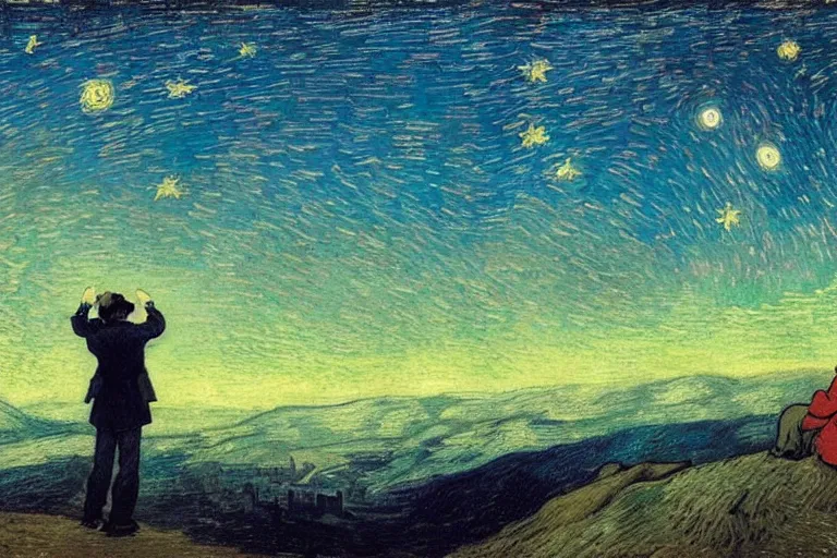 Image similar to a person looking at the night sky with clouds and stars, colorful, beautiful, national geographic, very detailed, astrophotography, cinematic lighting, oil painting, canvas, Theodor Kittelsen, Vincent van Gogh, Caspar David Friedrich