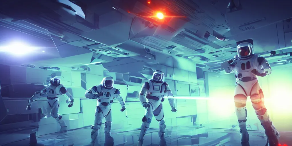 Prompt: futuristic spacemen firing lasers in zero gravity, skintight suits, floating, floating polygon shapes as obstacles, surrounded by a laser grid, unreal engine, lensflares, low perspective