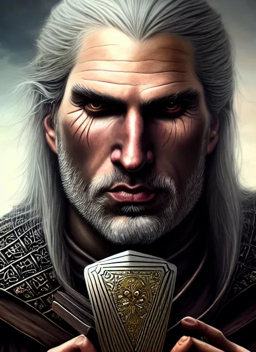 Image similar to closeup portrait shot of a geralt of rivia holding cards, intricate, elegant, highly detailed, centered, digital painting, artstation, concept art, smooth, sharp focus, illustration, artgerm, tomasz alen kopera, peter mohrbacher, donato giancola, joseph christian leyendecker, wlop, boris vallejo