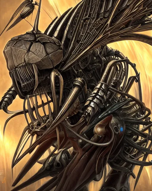 Image similar to death is swallowed up in victory, very detailed and beautiful portrait of a giant mechanical wasp, screaming with fear, giant mechanical bird, artwork by artgerm, art by h. r. giger