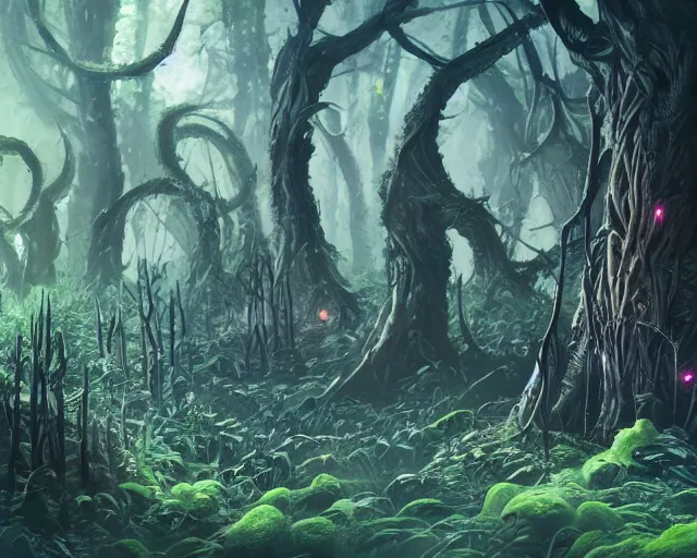 Prompt: alien forest with strange alien plants and fungi, award winning concept art trending on artstation