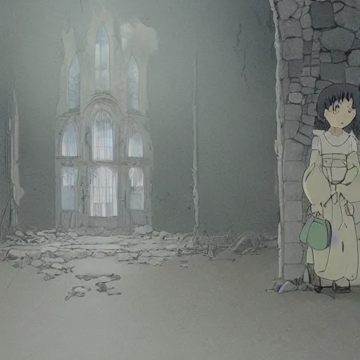 Prompt: ghost of a young girl, a burnt out church, photorealism, cel shaded, studio ghibli, hayao miyazaki