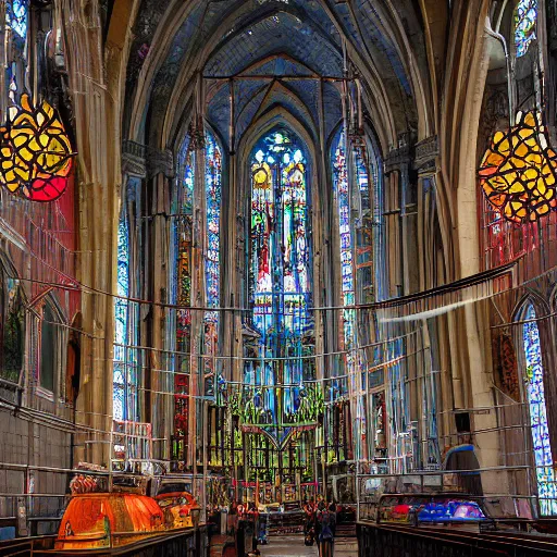 Prompt: a monorail falling crashing into a large church with lots of stained glass windows, with fire, by kim jung gi, paul heaston, extremely wide angle shot, trending on art station, 4 k, vibrant lighting