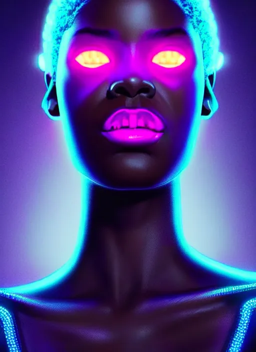 Image similar to photorealistic portrait of black american female humanoid, cyber neon lights, highly detailed, cyberpunk high fashion, gen z, crispy quality, trending in artstation, trending in pinterest, glamor pose, no signature, no watermark, cinematic, octane render, art by artgerm and greg rutkowski and pascal blanche