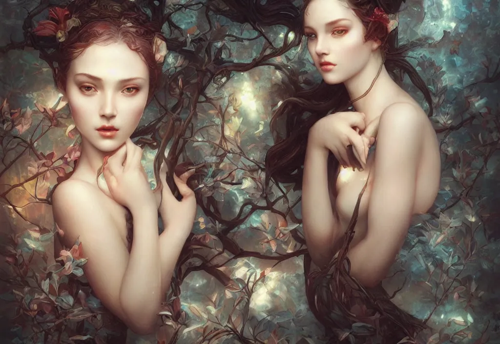 Image similar to portray of beautiful girl with porcelain wet glossy skin, look like a 3d model, alive statue, Ivan Bilibin, Ross Tran, Tom Bagshaw