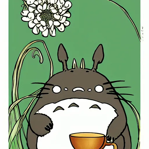 Prompt: totoro drinking coffee, art nouveau, print, detailed