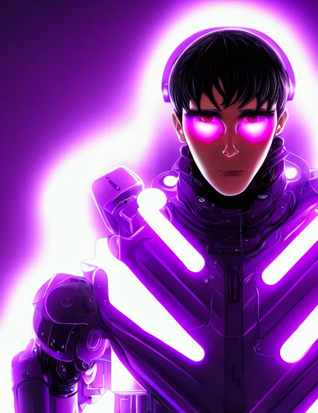 Image similar to a detailed manga portrait of a black haired cyborg man with glowing neon purple lights, trending on artstation, digital art, 4 k resolution, detailed, high quality, sharp focus, hq artwork, coherent, insane detail, character portrait