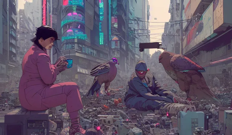 Prompt: cyborg feeding electric pigeons at a dirty crowded streetcorner, cyberpunk, by Josan Gonzalez and Tomer Hanuka and Geof Darrow and Brad Rigney and Greg Rutkowski and Moebius,highly detailed, UHD, 8K, Ghost in the shell, Blade Runner, Trending on artstation, bokh, dof