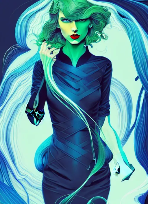 Image similar to style artgerm, joshua middleton, taylor swift with green dress, very long blue hair, swirling water swirling, symmetrical face, symmetrical eyes, steampunk cyberpunk,, cinematic lighting