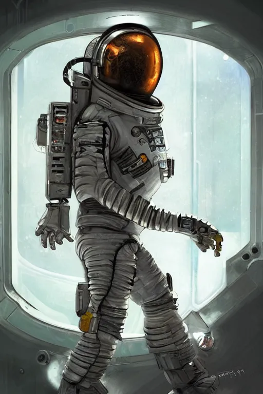 Image similar to Dead Space themed Astronaut stepping out of an airlock, Industrial Scifi, detailed illustration, concept art, by Martin Grip