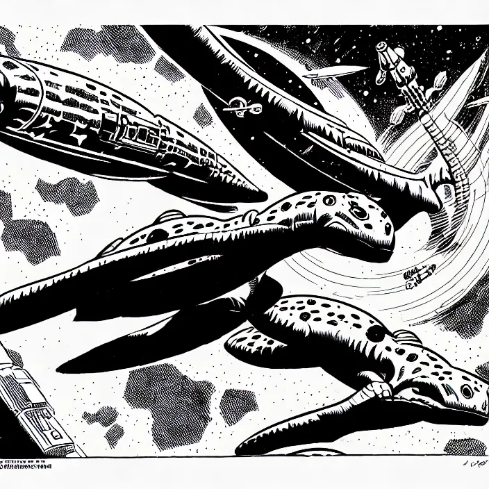 Image similar to a dinosaur spaceship in space, inked illustration, in the style of jack kirby, 1 9 8 5, sharp detail