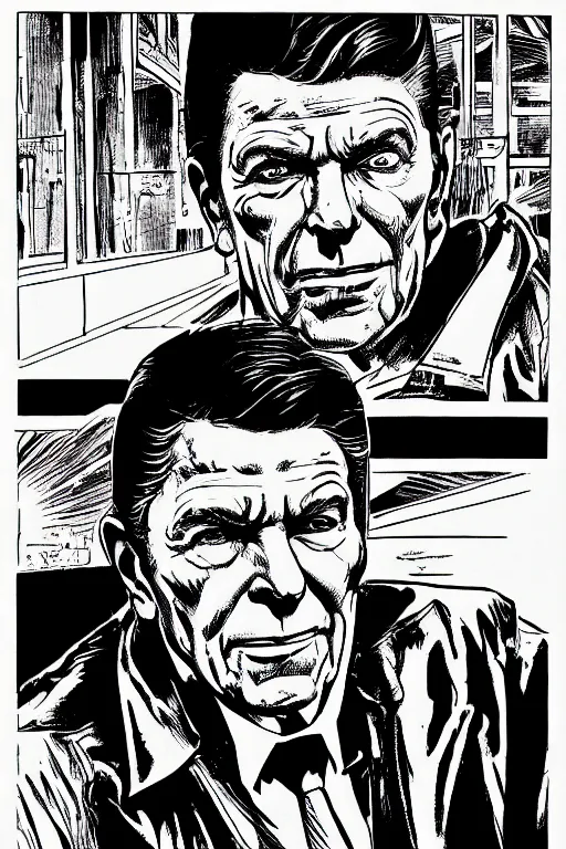 Image similar to ronald reagan, a page from cyberpunk 2 0 2 0, style of paolo parente, style of mike jackson, adam smasher, johnny silverhand, 1 9 9 0 s comic book style, white background, ink drawing, black and white, colouring pages