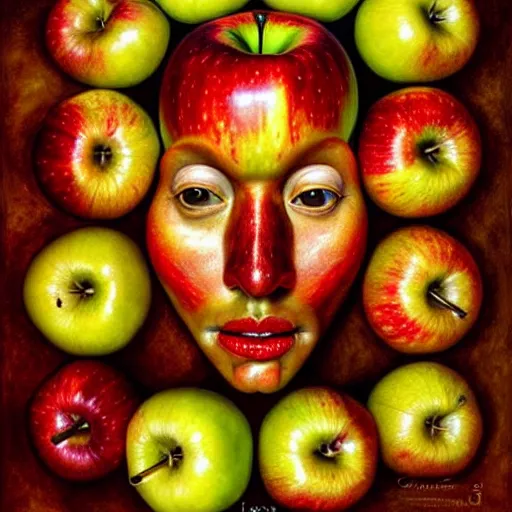 Prompt: apples arranged in the shape of a face, fantasy, intricate, elegant, highly detailed, lifelike, photorealistic, digital painting, artstation, illustration, smooth, sharp focus, art by giuseppe arcimboldo