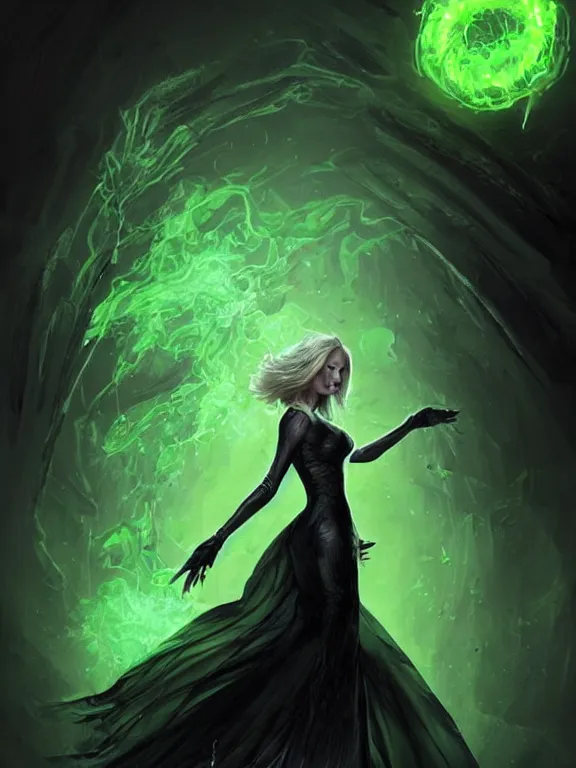 Image similar to Charlize Theron as an evil witch in a black dress casting a green spell, green lighting, time warping, D&D, fantasy, highly detailed, digital painting, trending on artstation, concept art, sharp focus, illustration, art by artgerm and greg rutkowski and magali villeneuve