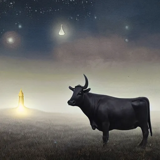 Image similar to a detailed matte painting of a cow wearing a witch hat, viewed in profile, glowing moths and fog in the background, starry night, black and blue color scheme with gold highlights, in the style of discworld and harry potter, 8 k