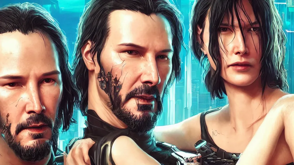 Prompt: a cyberpunk 2077 srcreenshot couple portrait of Keanu Reeves&female android in kiss,love story,film lighting,by Laurie Greasley,Lawrence Alma-Tadema,Dan Mumford,John Wick,Speed,Replicas,artstation,deviantart,FAN ART,full of color,Digital painting,face enhance,highly detailed,8K,octane,golden ratio,cinematic lighting
