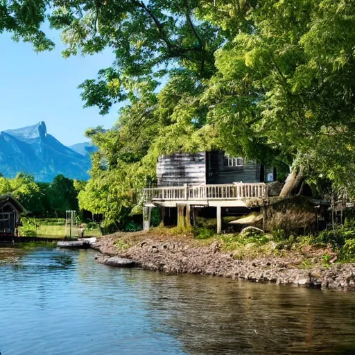 Image similar to A cottage on a river bank Surrounded by trees and mountains in the background and beach chairs in the foreground