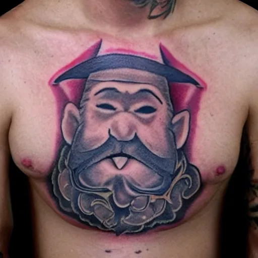 Prompt: Chest tattoo of a cheeky gnome