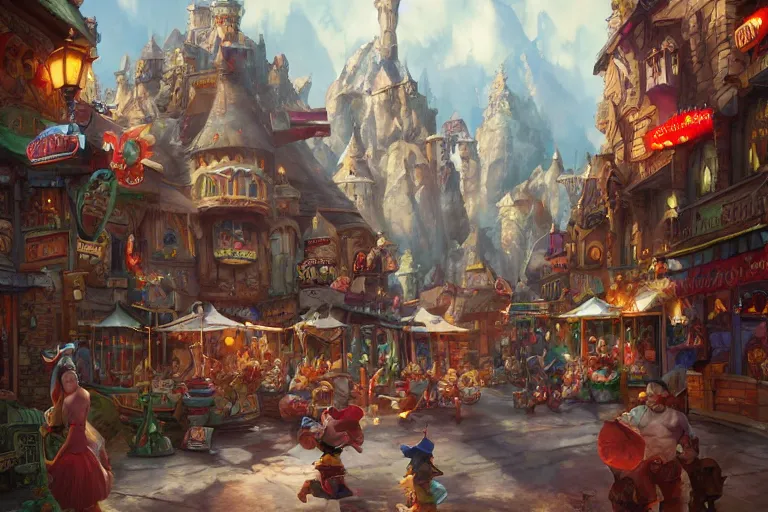 Image similar to circus cozy fantasy village street view by artgerm and Craig Mullins, James Jean, Andrey Ryabovichev, Mark Simonetti and Peter Morbacher 16k