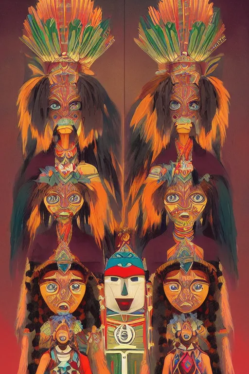 Prompt: A beautiful painting of Hopi kachina dolls, symmetrical features, cinematic lighting, soft bokeh, fantasy, modern, colourful, highly detailed, digital painting, artstation, deviantart, concept art, sharp focus, illustration, by alphonse mucha and Edward Hopper