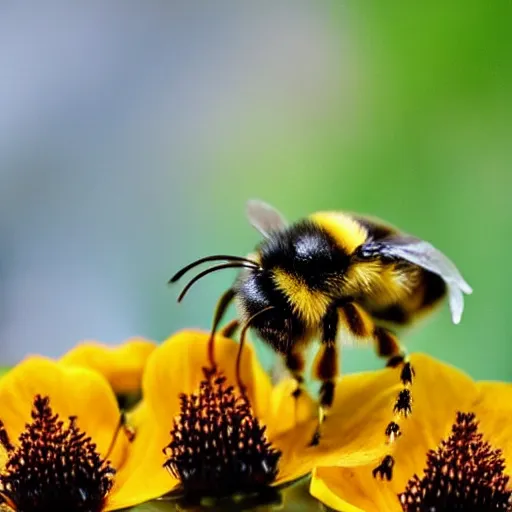 Image similar to bumblebee on flower macro shot, real photo, photography, bokeh, ultra detailed