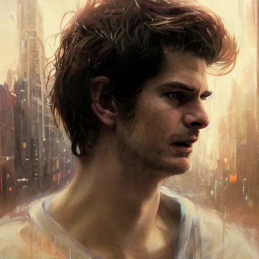 Image similar to andrew garfield, hyperrealistic portrait, bladerunner street, art of elysium by jeremy mann and alphonse mucha, fantasy art, photo realistic, dynamic lighting, artstation, poster, volumetric lighting, very detailed face, 4 k, award winning