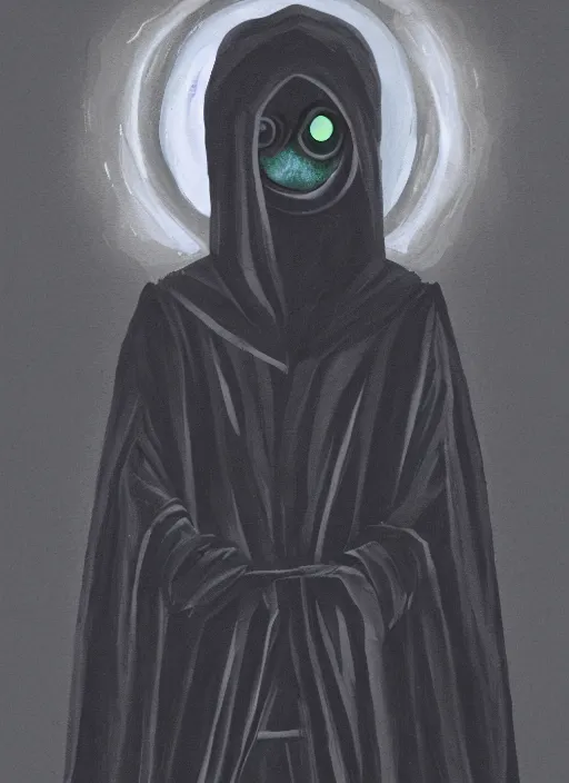 Image similar to dark gouache illustration of a character wearing a black robe, glowing eyes, 4 k, detailed