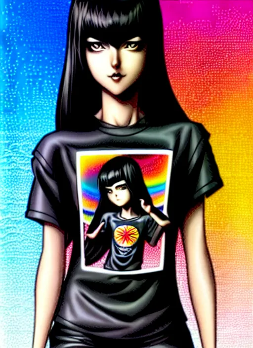 Image similar to richly detailed colored pencil 3 d illustration woman silky straight black hair with iridescence wearing nirvana logo tshirt and short black shorts, she staring at the camera happily art by range murata and artgerm.