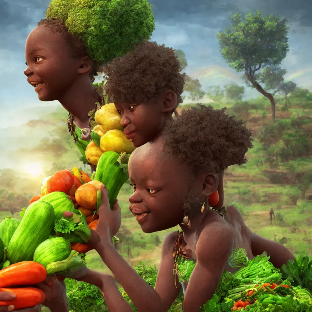 Prompt: Portrait of a Happy African child carrying vegetables in landscape with farm vegetables growing, intricate African jewelry rainbow warrior semi realistic comic, octane render, semi realistic comic art Dr Zeus, happy concept art Akitipe studios, cinematic volumetric lighting, ethereal divine details, Leonardo DaVinci detail A harmonious integration+8k