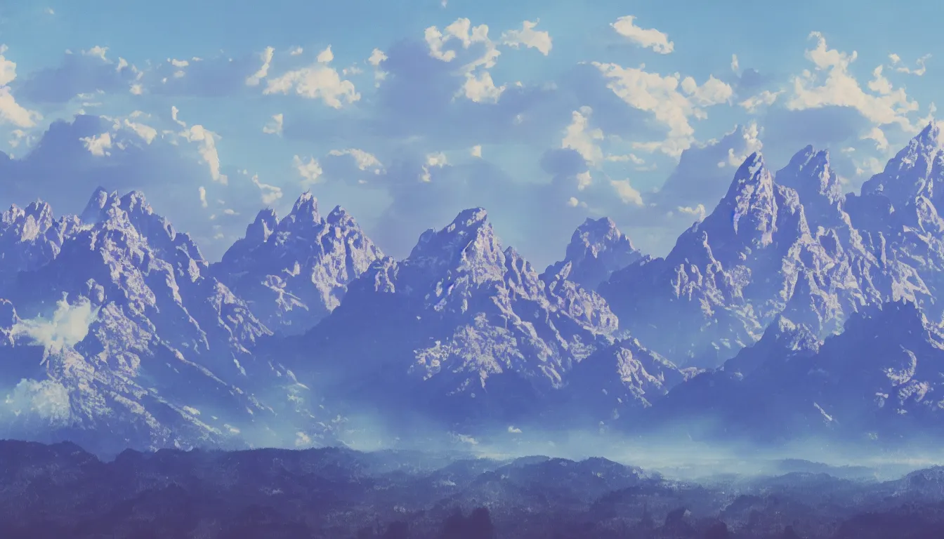 Image similar to view of the Grand Teton mountains in Studio Ghibli style, 4k