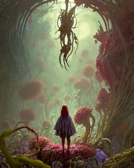 Image similar to the platonic ideal of flowers, rotting, insects and praying of cletus kasady carnage davinci dementor chtulu mandelbulb ponyo alice in wonderland dinotopia watership down, fantasy, ego death, decay, dmt, psilocybin, concept art by greg rutkowski and simon stalenhag and alphonse mucha