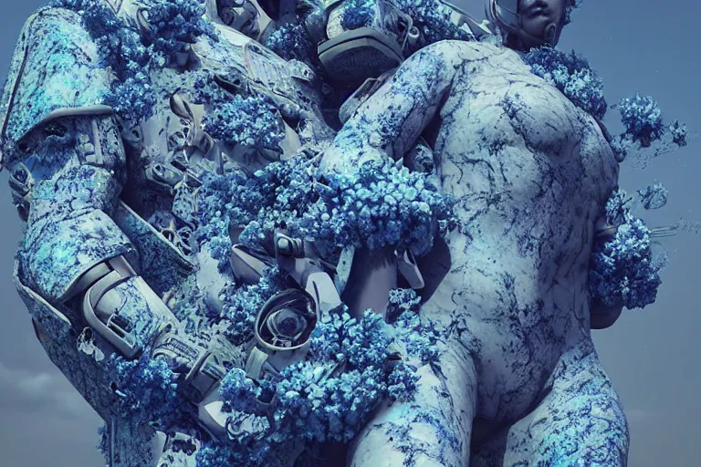 Image similar to marble statue covered in blue flowers, cyberpunk art by mike winkelmann, trending on cgsociety, retrofuturism, reimagined by industrial light and magic, darksynth, sci - fi