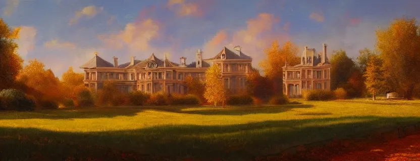 Prompt: oil landscape painting of a gigantic mansion, golden hour, ultra detailed, wallpaper, concept art, autumn, warm colors, wallpaper, 4 k, realistic lighting, brushstrokes, minimalistic, cinematic composition