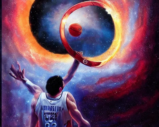 Image similar to cosmic basketball player dunking a basketball hoop in a nebula, an oil painting, by ( leonardo da vinci ) and greg rutkowski and rafal olbinski and ross tran, award - winning magazine cover