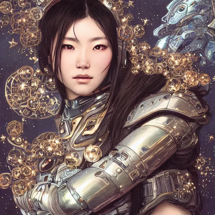 Image similar to ultra realistic illustration, japanese woman with armor made of stars, sci - fi, fantasy, intricate, elegant, highly detailed, digital painting, artstation, concept art, smooth, sharp focus, illustration, art by artgerm and alphonse mucha