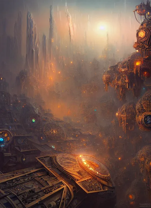 Prompt: hyper detailed ultra sharp of a magicpunk steampunk sci - fi overcrowded flying island city trending on artstation, warpaint aesthetic, earthwave, colorful, psychedelic, ornate, intricate, digital painting, concept art, smooth, sharp focus, illustration, art by artgerm and greg rutkowski and h. r. giger, 8 k