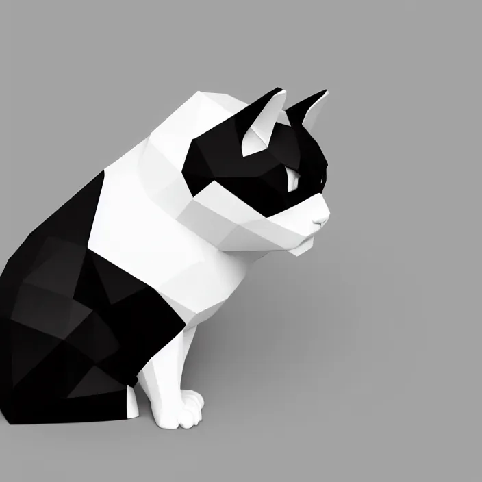 Image similar to low polygon, 3 d render, black and white cat, isometric view, pure white background, high definition