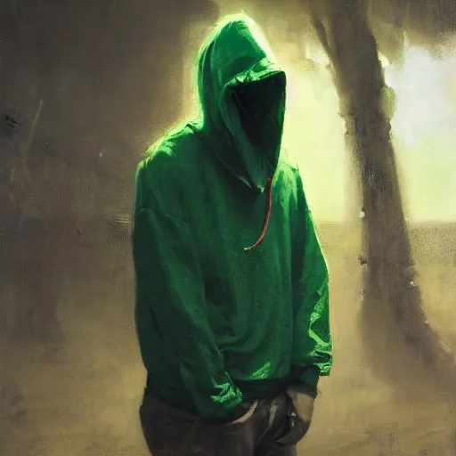 Prompt: portrait of a lost chad programmer with green hood by jeremy mann, dramatic lighting, close up