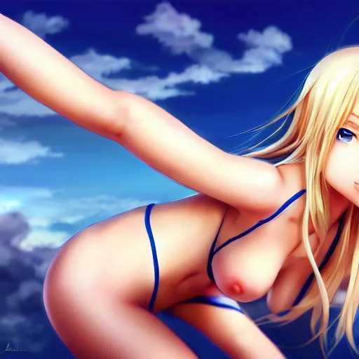 Prompt: a very beautiful young anime giantess, full body, long wavy blond hair, sky blue eyes, full round face,, bikini, miniskirt, front view, mid - shot, highly detailed, cinematic wallpaper by stanley artgerm lau