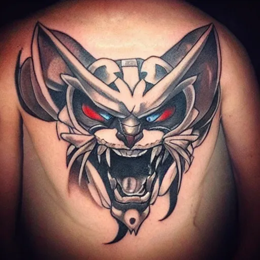 Image similar to a tatoo of rengar from league of legends,