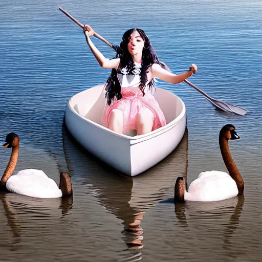 Image similar to realistic photo of Melanie Martinez rowing a boat across a big pond with lillpads and swans