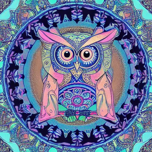 Prompt: owl, mandala, pink, blue, beautiful, by Alphons Mucha