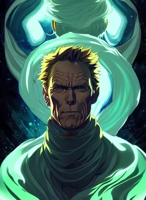 Image similar to style artgerm, joshua middleton, illustration, clint eastwood as a high priest wearing green pelt light armor, anime eyes, blue hair, swirling water cosmos, fantasy, dnd, cinematic lighting