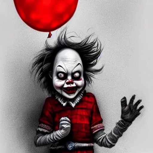 Prompt: surrealism grunge cartoon portrait sketch of a cold hand with a wide smile and a red balloon by - michael karcz, loony toons style, pennywise style, chucky style, horror theme, detailed, elegant, intricate